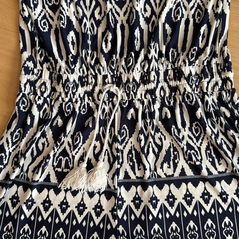 STRAPLESS TRIBAL PRINT NAVY WHITE ROMPER TIE WAIST SIZE L/XL